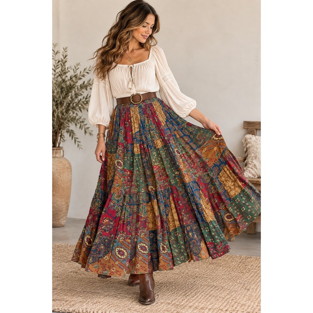 Vintage Handmade Patchwork Paisley Maxi Skirt 70s Boho Prairie Full Sweep